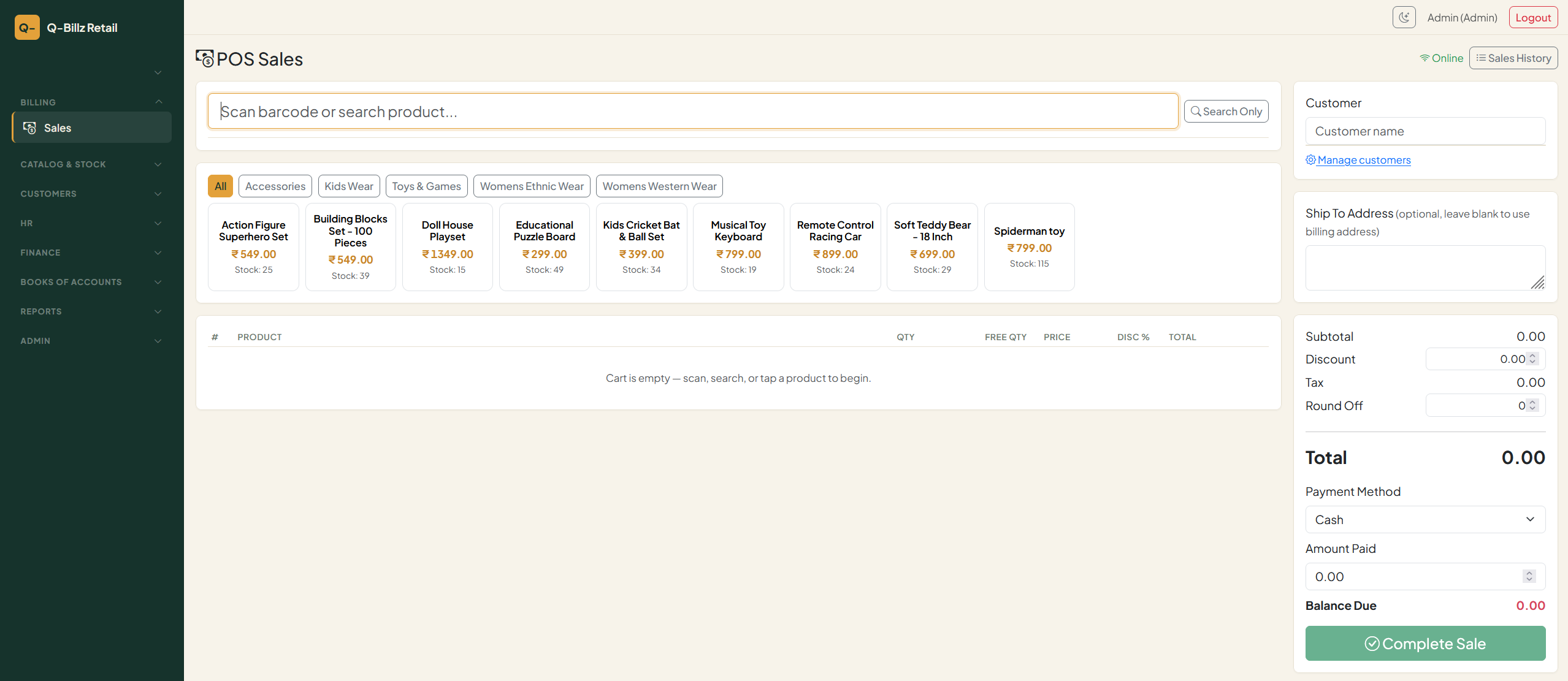 qbillz POS Sales screen — barcode search, category product grid and the bill panel with Complete Sale